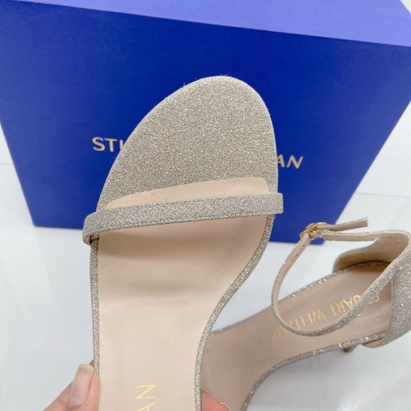 Stuart Weitzman Nudistsong High Heel Ankle Strap Sandal Platino Glitter US 10 B - Picture 5 of 10